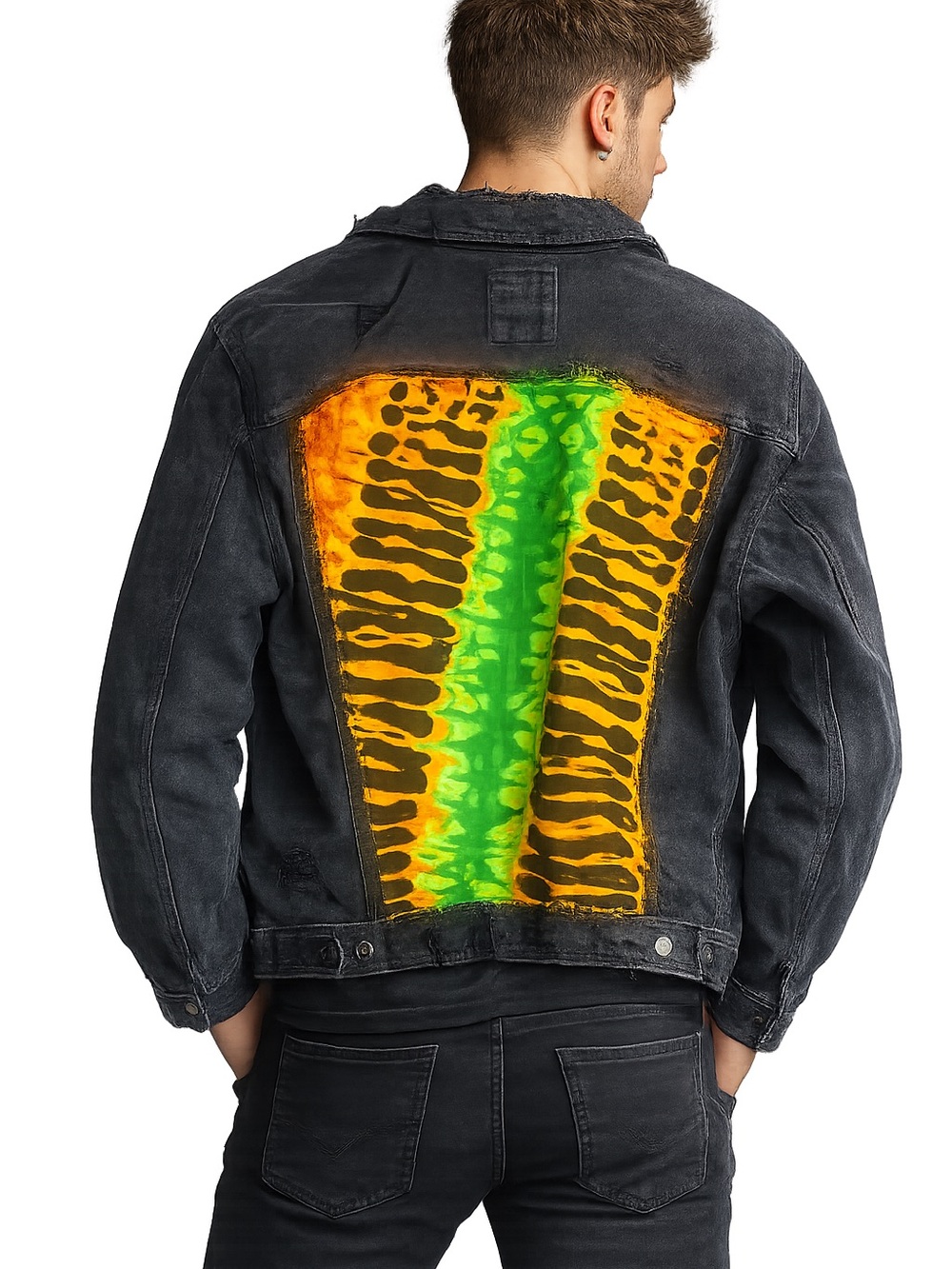 Black Denim Jacket Up Cycle with destroy collar XL
